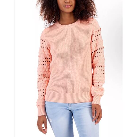 INC Creamy‎ Peach Sweater NWT XS Ruffle Eyelet Sleeve Pullover Pointelle - Picture 1 of 9